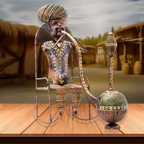 Image of Kraftskala Ethinc Villager on Chair 16 inch Large Metal Decor Showpiece for Living Room Showcase, Tabletop Decor, Traditional Rajasthani Decorative Showpiece