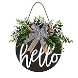 POETIC WREATH Welcome Sign Hello Front Door Round Wood Sign Hanging Welcome Sign for Farmhouse porch Spring Welcome Sign Front Door Decoration （Blackboard hello）