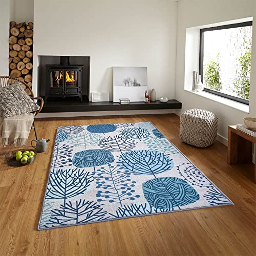 Image of Matz&More Floral Circle Tree Rug | 100x150 CM | Blue Grey | Soft Nylon Loop Pile with Anti-Slip Gel Backing | Living Room, Bedroom & Office Floor Carpet