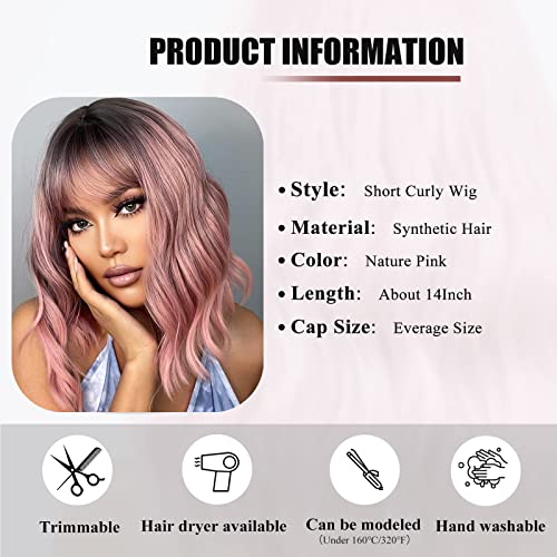 Ombre Pink Bob Wig For Women,Gradient Wavy Wig With Bangs, Short Wave Curly Wigs 14Inch Synthetic Shoulder Length Wig,Heat Resistant Synthetic Party Costume Cosplay Wig For Girls Daily Wear Colorful Wigs… #TOP2