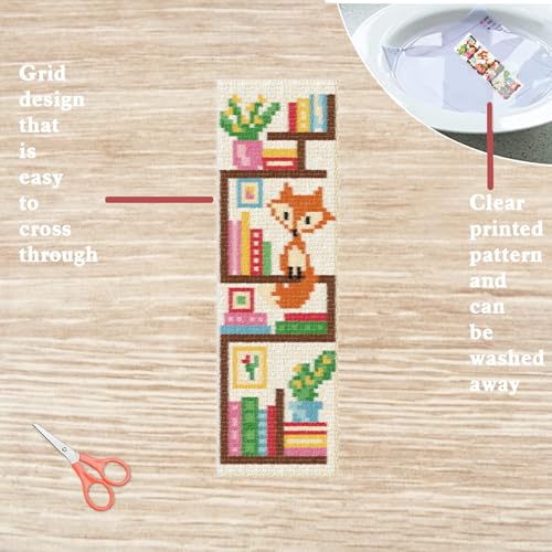 Image of FREEBLOSS 6 Set Cross Stitch Bookmark Kits Fox Bookshelf Pattern Stamped Embroidery Kit Stitch Bookmarks DIY Book Marks Printed Cross Stitch Kits with Instructions for Beginners Adults, 8''x2.4''