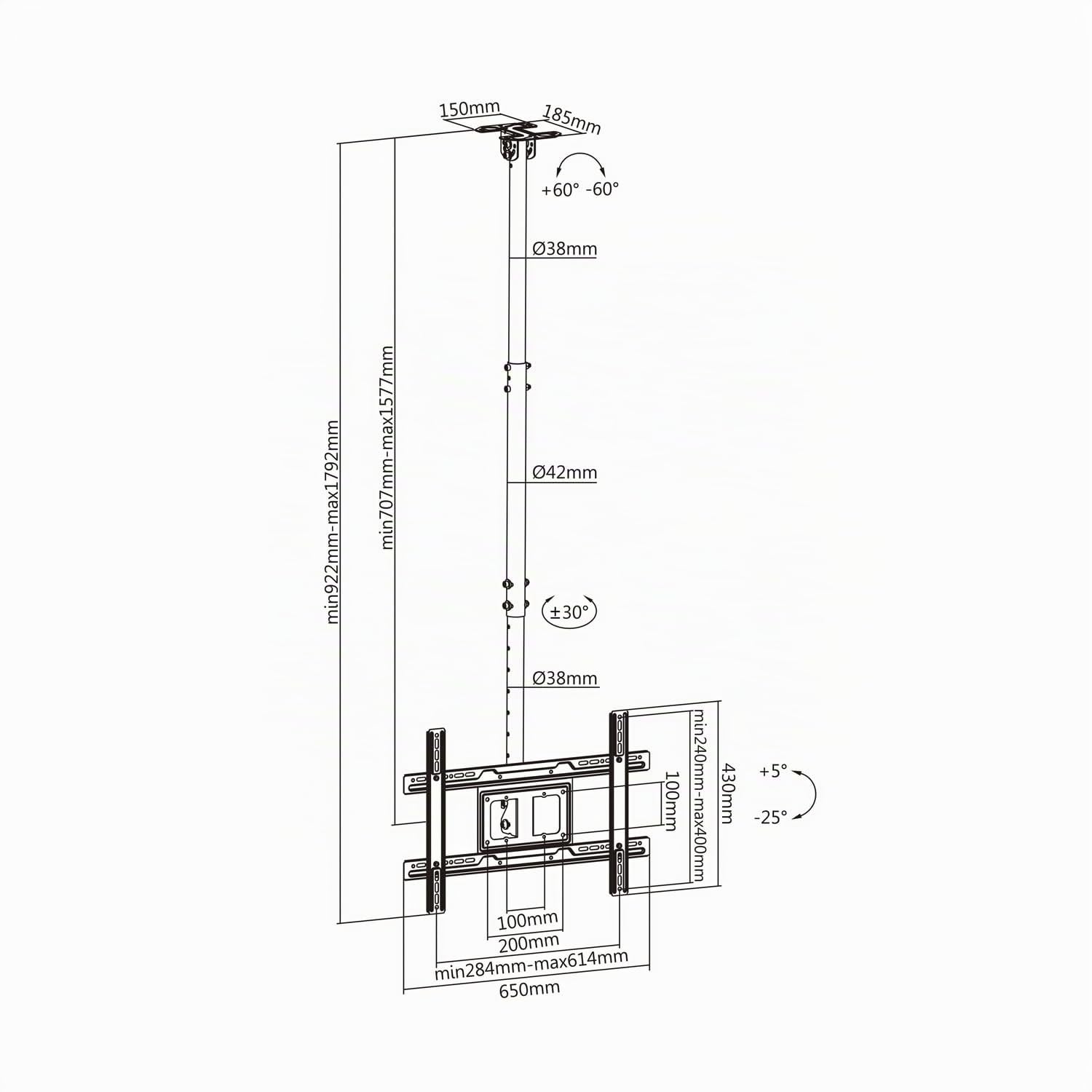 AISENS Support de Plafond pivotant inclinable Extensible pour Moniteur/TV 50 kg 37-80P Noir