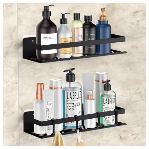 NIKYJM 2 Pcs Estante de Ducha, Estante de Baño con 4 Ganchos, Estanteria baño sin Taladro, Cesta de Ducha de Aceros Inoxidables. 2 tipos de instalación para Baño y Cocina
