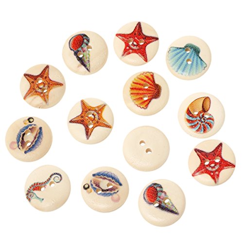 SiAura Material  100 unidades de botones redondos de madera para scrapbooking, joyas de océano, 18 mm, aleatorios, 2 agujeros, para coser, hacer manualidades y decorar