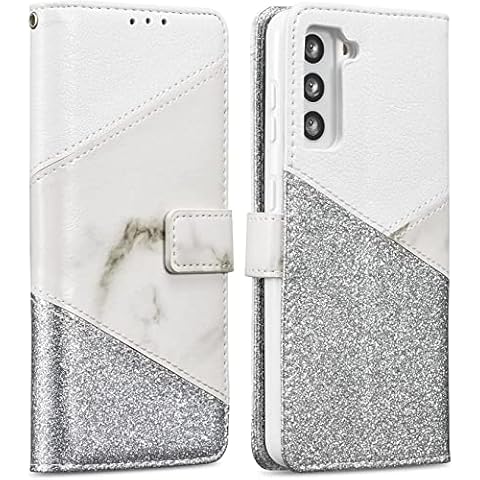 ZCDAYE Case for Samsung Galaxy S22 Ultra, Samsung S22 Ultra Wallet Case, Premium Bling Glitter PU Leather [Ceramic Pattern] Soft TPU Folio Flip Case with Card Slots Cover for Samsung S22 Ultra- White Cover