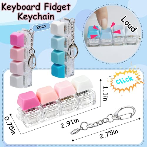 Image of 2 PCS Keyboard Fidget Toy, Keyboard Fidget Keychain 4-in-1 Keyboard Decompression Button Finger Clicker Toys, Button Stress Relief Fidget Gifts to Relief Stress (Blue Pink)