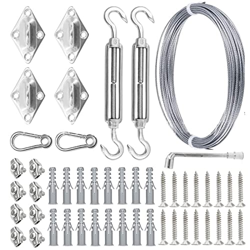 Kit de 50 Piezas de Cuerda de Alambre para Ropa de Acero Inoxidable de 15 m con Tensor de Cuatro Esquinas de Tornillo de 5 mm