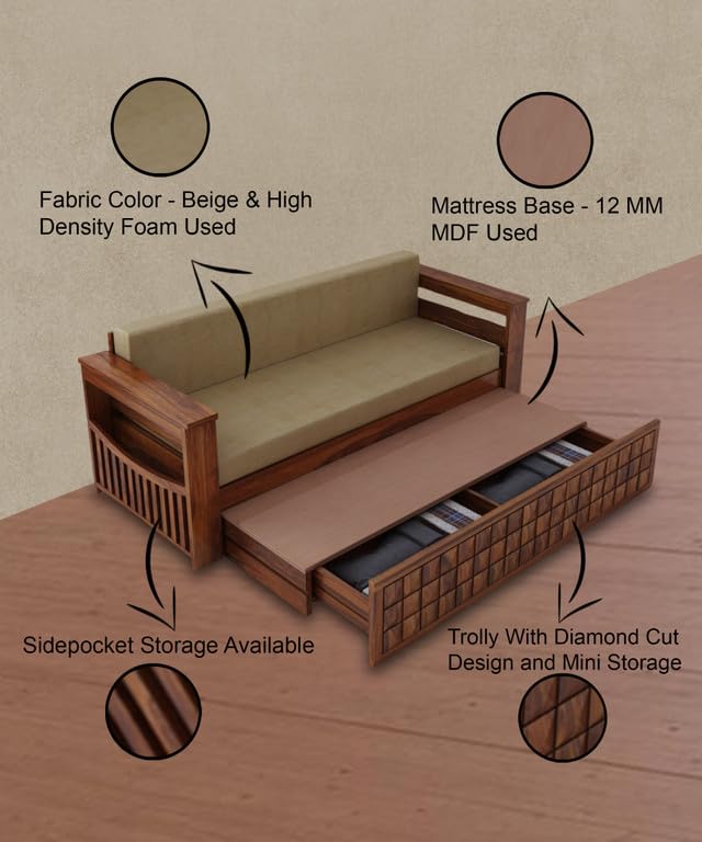 Image of Solid Sheesham Wood Sofa Cum Bed 2 Seater | Wooden Foldable Double Bed for Living Room with Storage | Bed Cum Sofa with Mattress for Home | Full Diamond Design (Honey Finish)