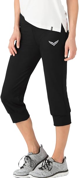 3/4-lange Sporthose für mollige Damen. Mit einem breitem Elastikbund zum Umschlagen und elastischen Bündchen am Beinabschluss, figurbetonter Schnitt, optimalen beim Laufen, Joggen, Yoga oder Pilates.
