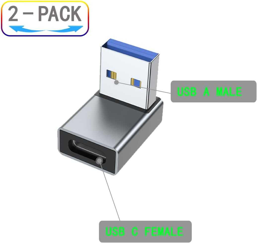 2Pcs USB 3.1 to USB C 90° Angle Adapter USB A Male to USB C Female L-Shaped Angle Connector, for OTG Data Transfer 3A Charging, for PC Laptop Tablet