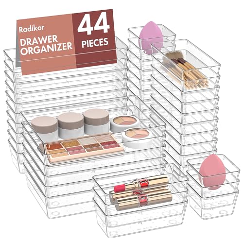 Radikor Drawer Organiser Set, 44pcs Clear Plastic Makeup Drawer Organiser Trays, 4-Size Desk Drawer Inserts/Dividers, Acrylic Storage Bins for Make Up, Cosmetic, Vanity, Officce, Bathroom