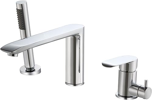 PHASAT Grifo de bañera con ducha de mano grifo de bañera romano de cascada juego de grifo de bañera de 3 agujeros extendidos de una sola manija para