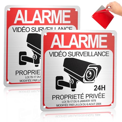 Lot de 2 Plaque Video Surveillance Extérieure Intérieur 15x15 cm, 24H Panneau Camera Surveillance en Aluminium, Pancarte Panneau Propriété Privée Étanche...