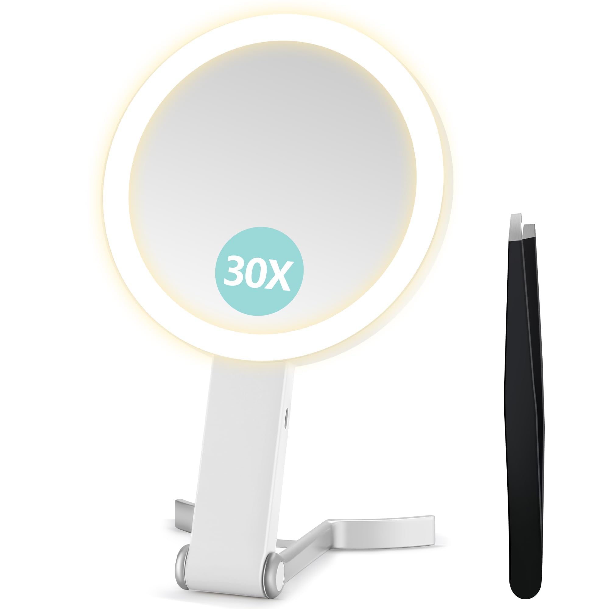 B Beauty Planet Vergrößerungsspiegel mit Licht, Doppelseitiger 30X/1X Vergrößerungsspiegel, Reise-Schminkspiegel mit 3 farbigen Lichtern, Faltbarer Makeup-Spiegel mit Tweezer, Handheld/Tischgerät