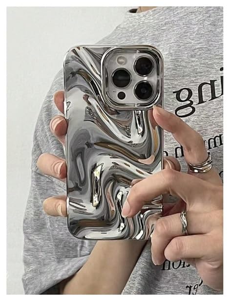 Image of COVERLY Metallic Silver Swirl Back Case for iPhone 14 Plus | Hot Minimalist Faux Wave Cute Design | Camera Lens Protection | Soft Silicone Fashion Aesthetic Cover for Girls & Women (Silver,Shockproof)