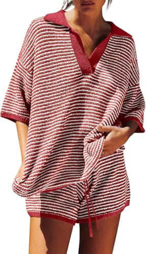 Image of Tankaneo Womens Sweater Set 2 Piece Outfits Oversized 3 /4 Sleeve V Neck Knit Tops High Waisted Shorts Lounge Sets