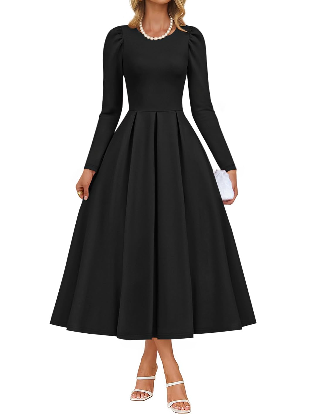 ZESICA Womens Long Sleeve Midi Dresses 2026 Fall Elegant Crewneck Swing A Line Wedding Guest Party Dress with