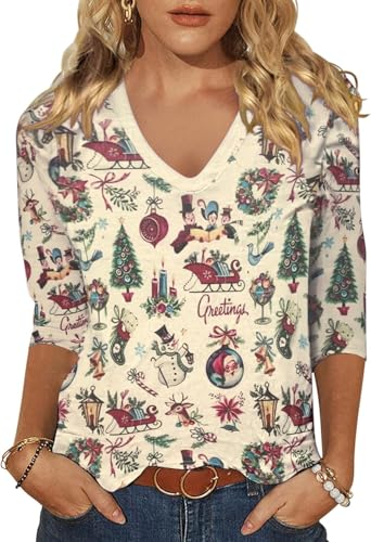 Women's Christmas Movies Watching 3/4 Sleeve Shirt Xmas Vintage Graphic