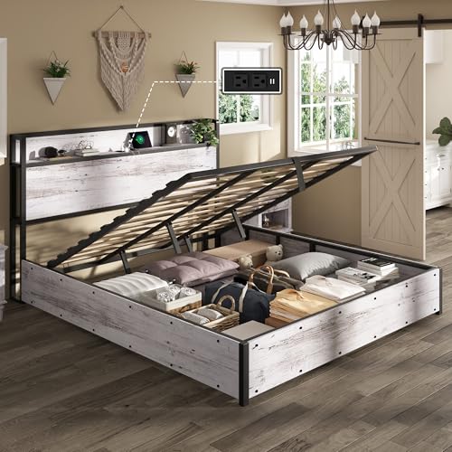 Image of AMERLIFE King Size Lift Up Storage Bed Frame, Wooden Platform Bed Frame with Lifting Storage & Charging Station, No Spring Box Needed /Noise Free, White Birch
