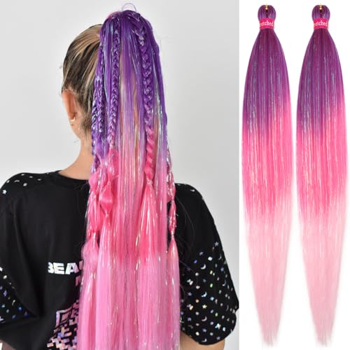 Ombre Purple Pink Braiding Hair with Tinsel 30 Inch Pre Stretched Braiding Hair 2 Packs Pre Feathered Hair Extensions Yaki Texture Braids Hair Easy to Use