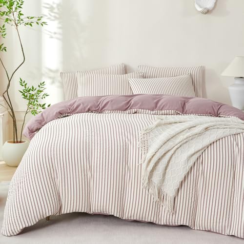 Image of Grayish Purple Striped Comforter Set Queen - 3 Pieces Bedding Comforter Set for All Season, Soft Lightweight Washed Microfiber, 1 Striped Comforter and 2 Pillowcases (Purple, Queen Size)