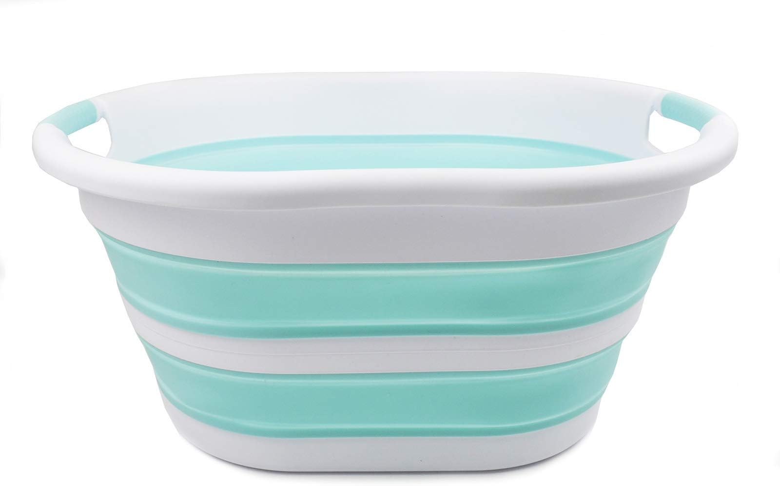 SAMMART36L Collapsible Plastic Laundry Basket - Oval Tub/Basket - Foldable Storage Container/Organizer - Portable Washing Tub - Space Saving Laundry Hamper, Water Capacity: 28L (1, White/Lake Green)