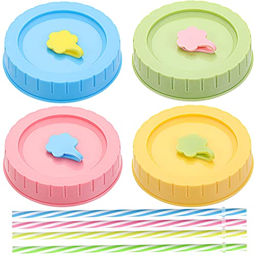 4 Pièces Couvercles de Bocaux avec Trou, Couvercles de Bocaux Mason à Large Ouverture, Couvercles pour Canettes de Soda et Boissons, Couvercles de Bocaux en Plastique avec Paille pour Pots à Confiture