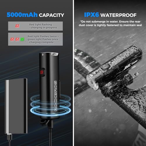 Image of ROCKBROS Bike Headlight 1200 Lumens 5000mAh USB-C Rechargeable Aluminum Alloy IPX6 Anti-Dazzling LED Bike Light 360Adjustable for Night Mountain Road Cycling