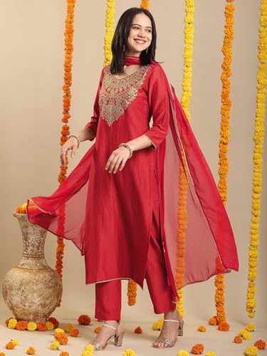 Image of GoSriKi Women's Rayon Viscose Embroidered Straight Kurta with Pant & Dupatta
