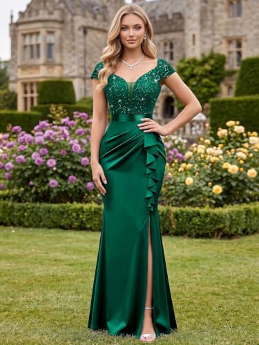 Image of Miusol Women's Vintage V-Neck Slim Ruffle Split Evening Formal Maxi Dress