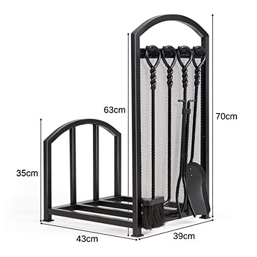 COSTWAY Fireplace Log Rack with Tong, Brush, Shovel and Poker, Iron Fireside Companion Set Firewood Storage Log Holder for Indoor Outdoor (with holder)