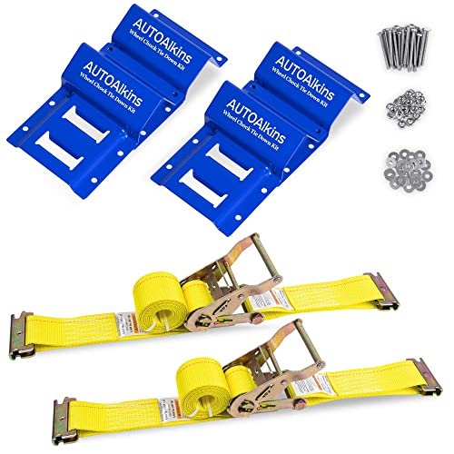 AUTOAlkins Wheel Chock Tie Down Kit, Trailer Tie Down Strap Kit, Heavy Duty Trailer Tie Down System for UTV, ATV, Mower, etc, Wheel Chock & Tie-Down Accessories