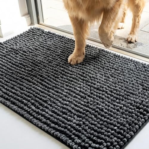 Muddy Mat® T.Max Dual Tone Indoor Dog Door Mat Slip Resistant Chenille Entryway Rug for Muddy Paws, Super Water Absorbent Front Door Mat, Quick Dry Washable mat - Black 19" x 30"