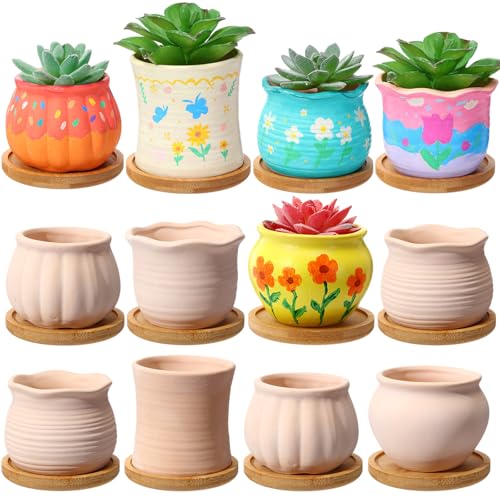Maxdot 12 Sets 3 Inch DIY Ceramic Succulent Planters Pots to Paint Unpainted Ceramic Paintable...