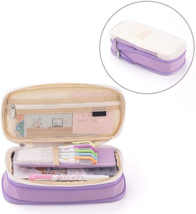 Image of Large Capacity Pencil Case Pouch, Cute Aesthetic Big Capacity Zipper Pencil Cases Pen Portable Office Stationery Makeup Bag, Desk Organizer for College Adults Women Men (Purple)