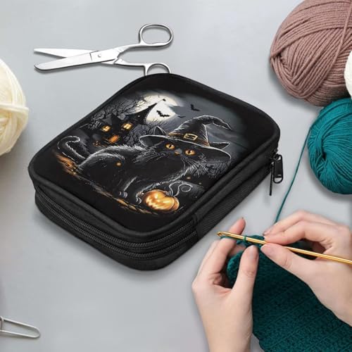 Image of Black Cat Crochet Hook Case Haunted House Bat Portable Knitting Needle Case with Web Pockets Swing Crochet Hooks Accessories Halloween Home Gifts
