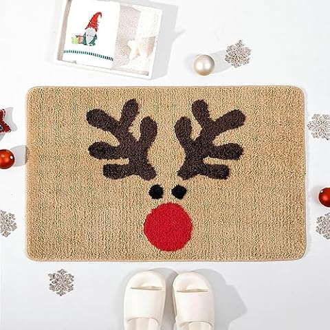 TRUEDAYS Bathroom Rugs Brown Christmas Rug with Reindeer Cute Bath Mat Xmas Elk Washable Kitchen Rugs for Living Room and Bedroom Non Slip Cover