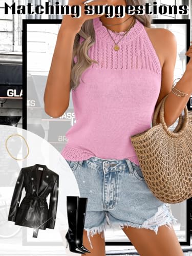 Image of ChiaoLezhee Women's Summer Knit Tank Tops, Racerback High Neck Lightweight Sweater Vest, Dressy Casual Outfits