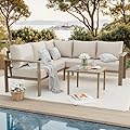 VONZOY 6 Pieces Patio Furniture Set, Wood-Look Metal Outdoor Sectional Furniture Conversation Set, L Shape Patio Couch with Side Table, 6.5" Thick Olefin Cushions for Garden, Backyard, Deck(Beige)