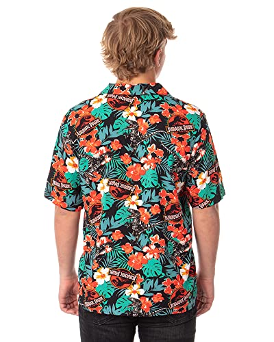 Jurassic Park Men's Velociraptor Dinosaur Dino Floral Hawaiian Button Up Shirt3