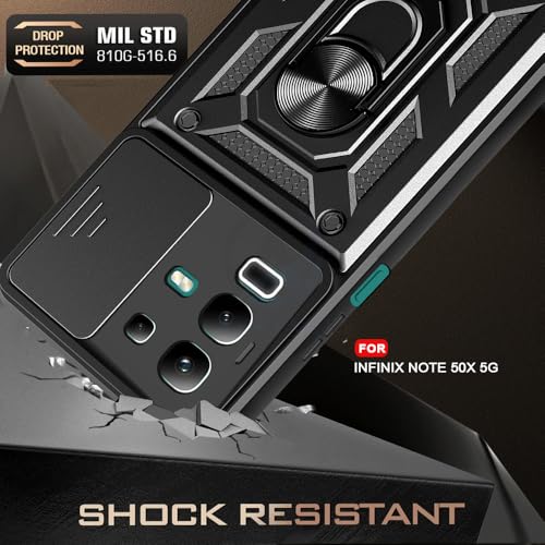Image of AESTMO Tough Armor Infinix Note 50X 5G Bumper Back Case Cover | Ring Holder & Sliding Camera Shield Cover | 360 Degree Protection Back Case Cover for Infinix Note 50X 5G (Black)
