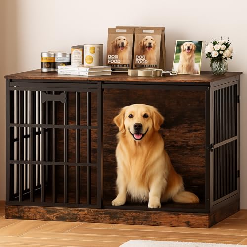 Petrova 47″ Dog Crate Furniture for Large/Medium Dogs, Heavy Duty Dog Kennel Indoor with Name Tag, Wooden Dog Cage with Sliding Barn Door, Decorate House as TV Stand, End Table, Brown