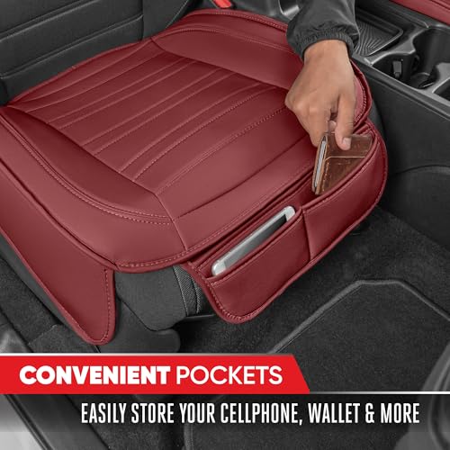 Image of Motor Trend Faux Leather Front Seat Cover for Cars - Set of 2 Burgundy Front Car Seat Covers for SUV & Truck with Storage Pockets - Automotive Car Seats Cover Protector - Bottom Cushion Coverage Only