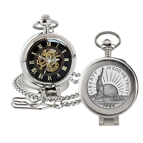 American Coin Treasures U.S. Coin Pocket Watch with Skeleton Movement | Statue of Liberty Commemorative Half Dollar | Sweeping Second Hand, Magnifying Glass | Certificate of Authenticity