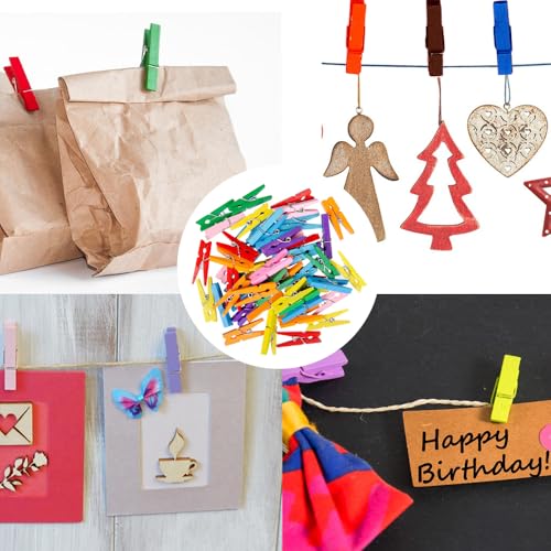 50 Stück Mini Bunt Holzklammern,3.5cm Holzklammern Klein, Mini Wäscheklammern Holz, Deko Klammern, Fotoseil mit Klammern für Fotos Bilder Collagen Postkarten Geschenke