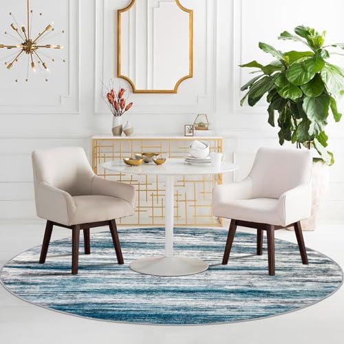 KOZYFLY Modern Abstract Round Area Rug 5Ft, Washable Kitchen Rug Non-Slip Soft Bathroom Circle Rug, Blue Striped Entryway Rugs Print Faux Wool Doormat for Bedside Entrance Bedroom Sink