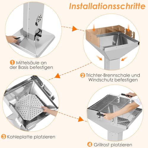 Foto von TLGREEN Holzkohlegrill edelstahl 63*48*92cm, Säulengrill für Outdoor, BBQ