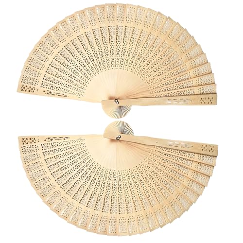 TARANDUS Foldable Hand Fan & Wooden Fans Handheld - 2-Pack Chinese Vintage Folding Fans with Sandalwood Scent, Hollow Carving for Wedding/Birthday Party Favors, Photography Props, Home Décor (Wooden)