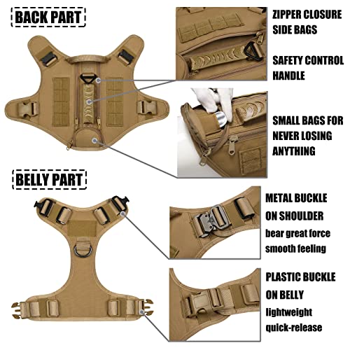Tactical Dog Harness for Medium and Large Dogs No Pull Adjustable Dog Vest for Training Hunting Walking Military Dog Harness with Handle Service Dog Vest with Molle Panels Khaki,M,with 2 Pouches - Image 3