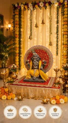 Image of SATYAM KRAFT 1 Pcs Ganpati Singhasan Backdrop Set| Red Gold Mirror Lace Decoration| 31x31 cm Square Round Backdrop with 10x10 cm Clamp| Ganpati Decoration Setup for Home, Ganesh Chaturthi Makhar